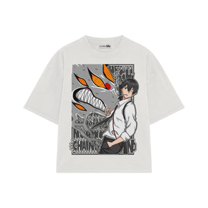 Playera streetwear premium de anime y gaming ExtraLife MX, corte boxy oversized drop shoulder heavyweight en color Deep Black y Off-White, moda urbana mexicana de culto.
