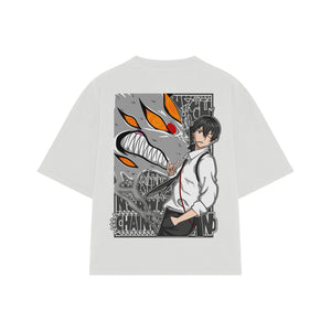 Playera streetwear premium de anime y gaming ExtraLife MX, corte boxy oversized drop shoulder heavyweight en color Deep Black y Off-White, moda urbana mexicana de culto.