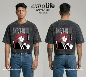 Playera streetwear premium de anime y gaming ExtraLife MX, corte boxy deluxe mineral wash heavyweight en color Acid Wash, moda urbana mexicana de culto.