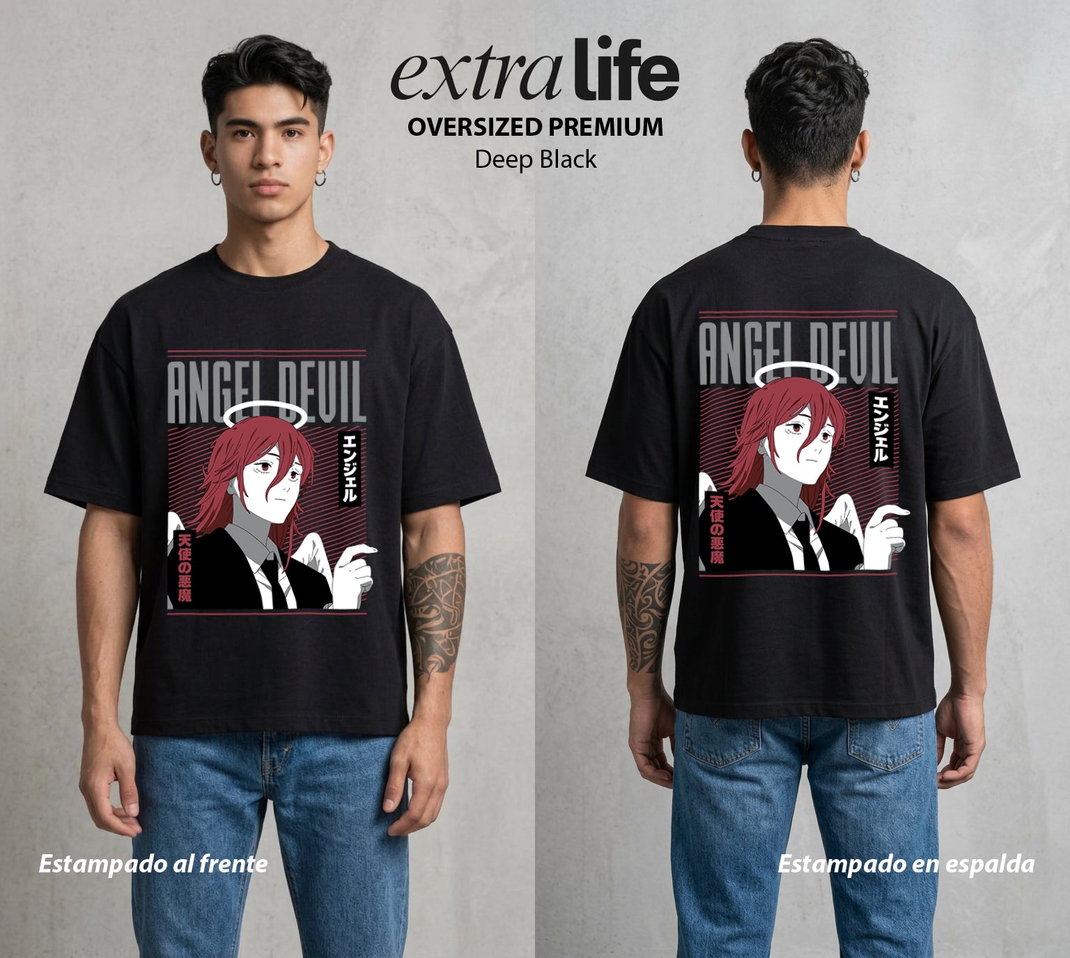 El Contrato Infernal | El Angel y el Diablo #00380 - Playera Oversized Premium | Deep Black - Foto en modelo