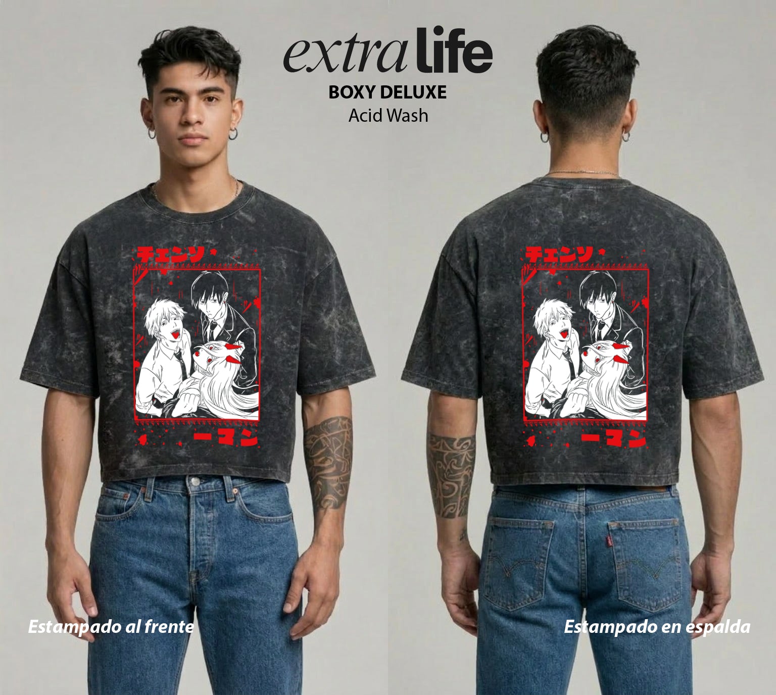 Playera streetwear premium de anime y gaming ExtraLife MX, corte boxy deluxe mineral wash heavyweight en color Acid Wash, moda urbana mexicana de culto.