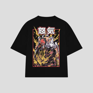 Playera streetwear premium de anime y gaming ExtraLife MX, corte boxy oversized drop shoulder heavyweight en color Deep Black y Off-White, moda urbana mexicana de culto.