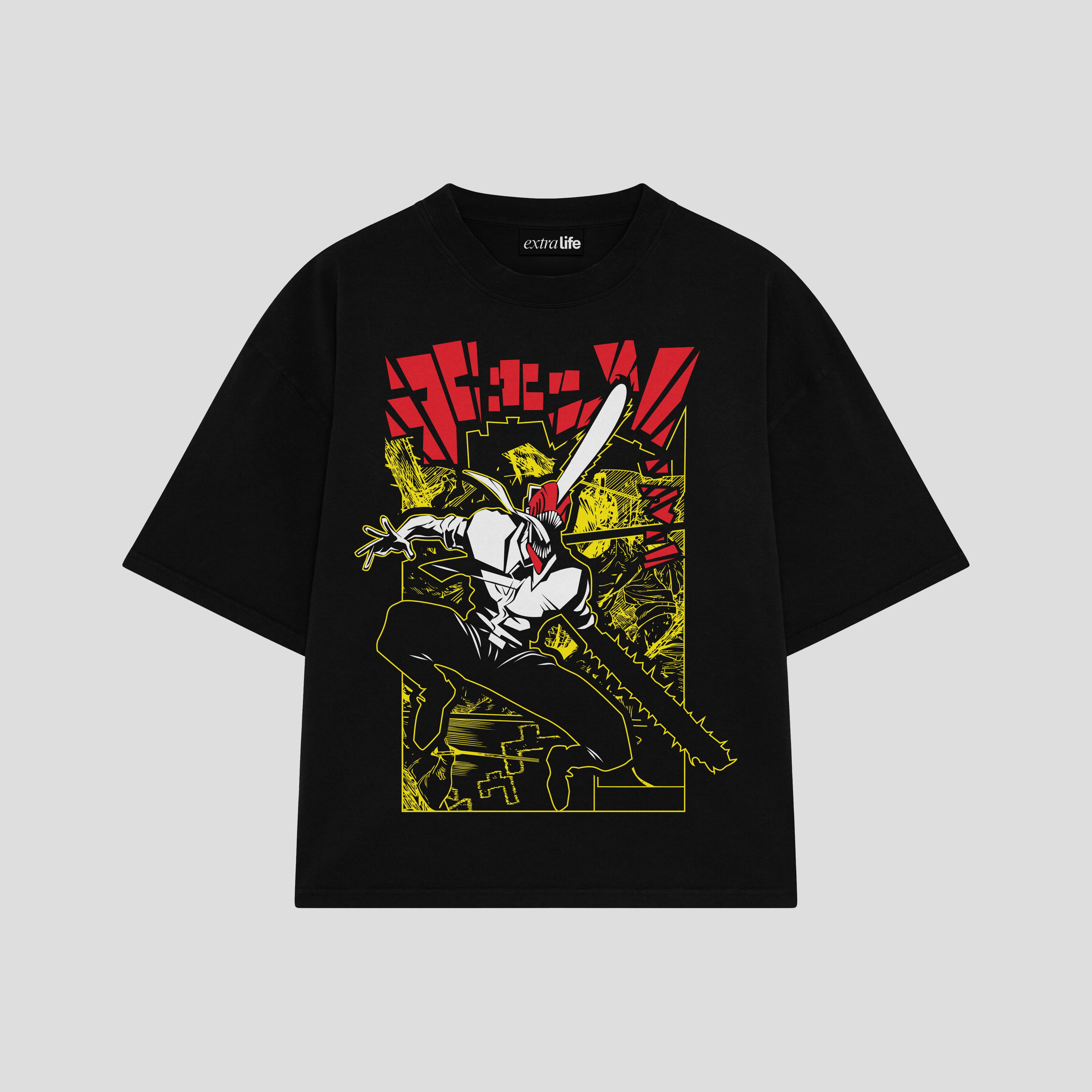 Playera streetwear premium de anime y gaming ExtraLife MX, corte boxy oversized drop shoulder heavyweight en color Deep Black y Off-White, moda urbana mexicana de culto.