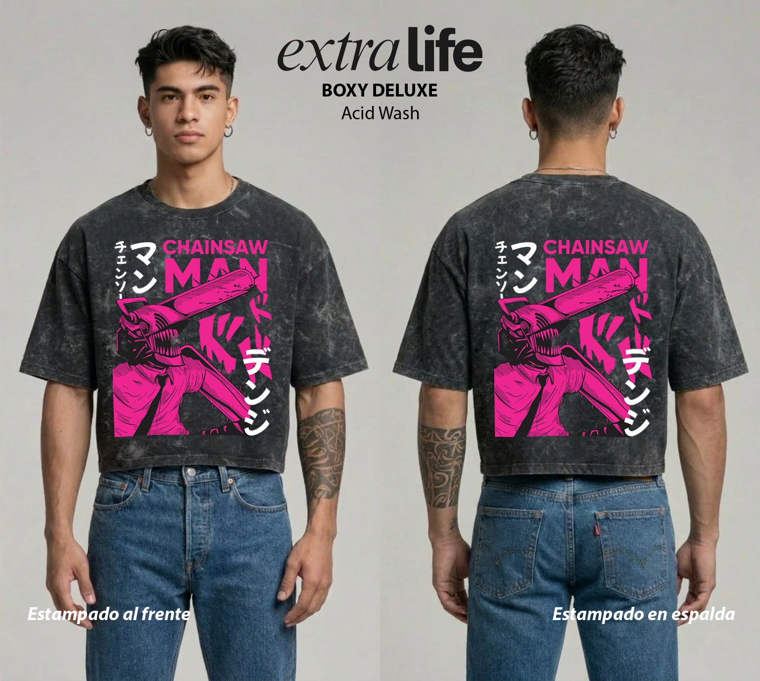 Playera streetwear premium de anime y gaming ExtraLife MX, corte boxy deluxe mineral wash heavyweight en color Acid Wash, moda urbana mexicana de culto.