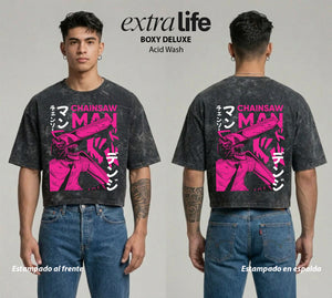 Playera streetwear premium de anime y gaming ExtraLife MX, corte boxy deluxe mineral wash heavyweight en color Acid Wash, moda urbana mexicana de culto.