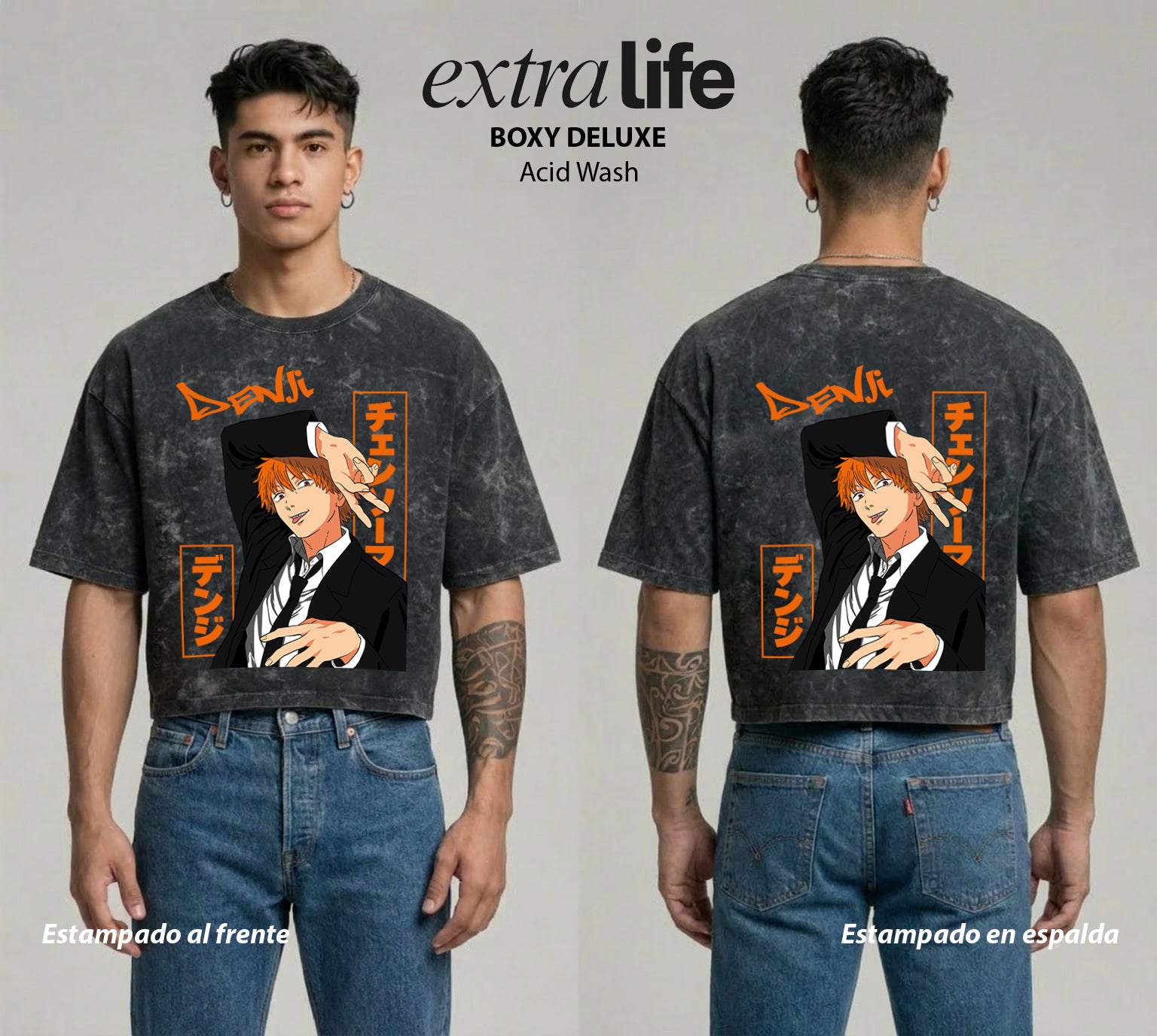 Playera streetwear premium de anime y gaming ExtraLife MX, corte boxy deluxe mineral wash heavyweight en color Acid Wash, moda urbana mexicana de culto.