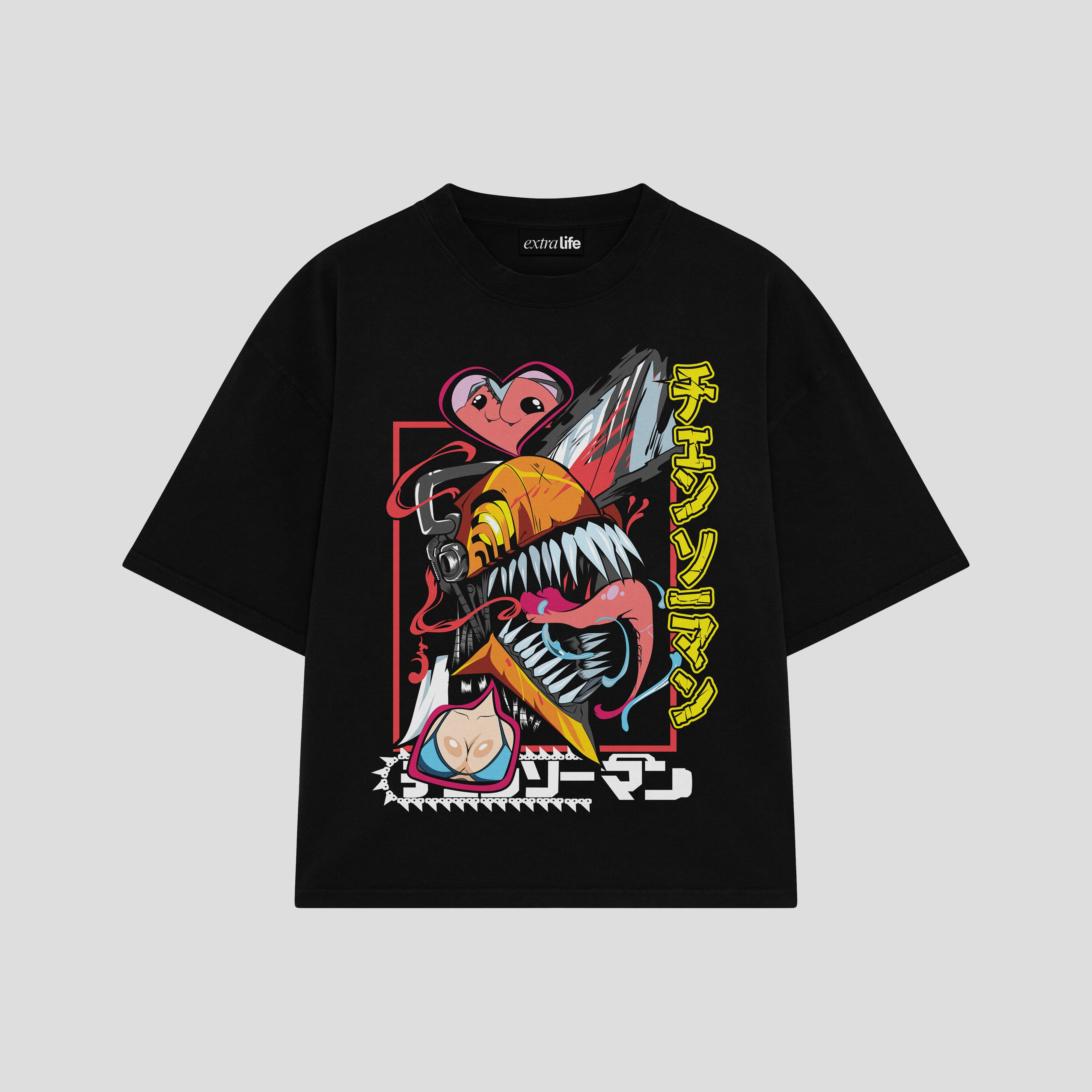Playera streetwear premium de anime y gaming ExtraLife MX, corte boxy oversized drop shoulder heavyweight en color Deep Black y Off-White, moda urbana mexicana de culto.