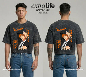 Playera streetwear premium de anime y gaming ExtraLife MX, corte boxy deluxe mineral wash heavyweight en color Acid Wash, moda urbana mexicana de culto.