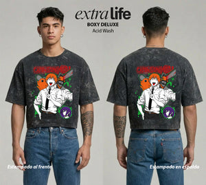 Playera streetwear premium de anime y gaming ExtraLife MX, corte boxy deluxe mineral wash heavyweight en color Acid Wash, moda urbana mexicana de culto.