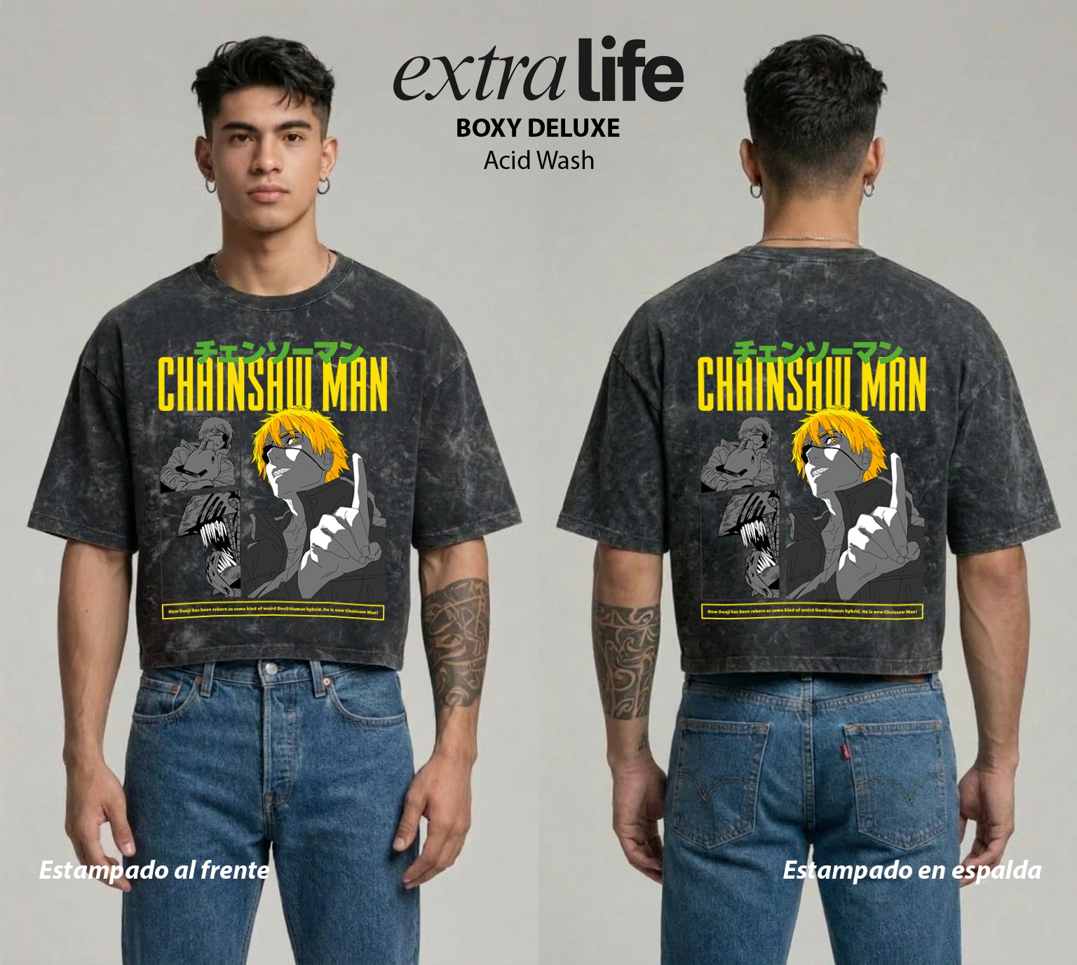Playera streetwear premium de anime y gaming ExtraLife MX, corte boxy deluxe mineral wash heavyweight en color Acid Wash, moda urbana mexicana de culto.
