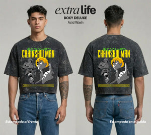 Playera streetwear premium de anime y gaming ExtraLife MX, corte boxy deluxe mineral wash heavyweight en color Acid Wash, moda urbana mexicana de culto.