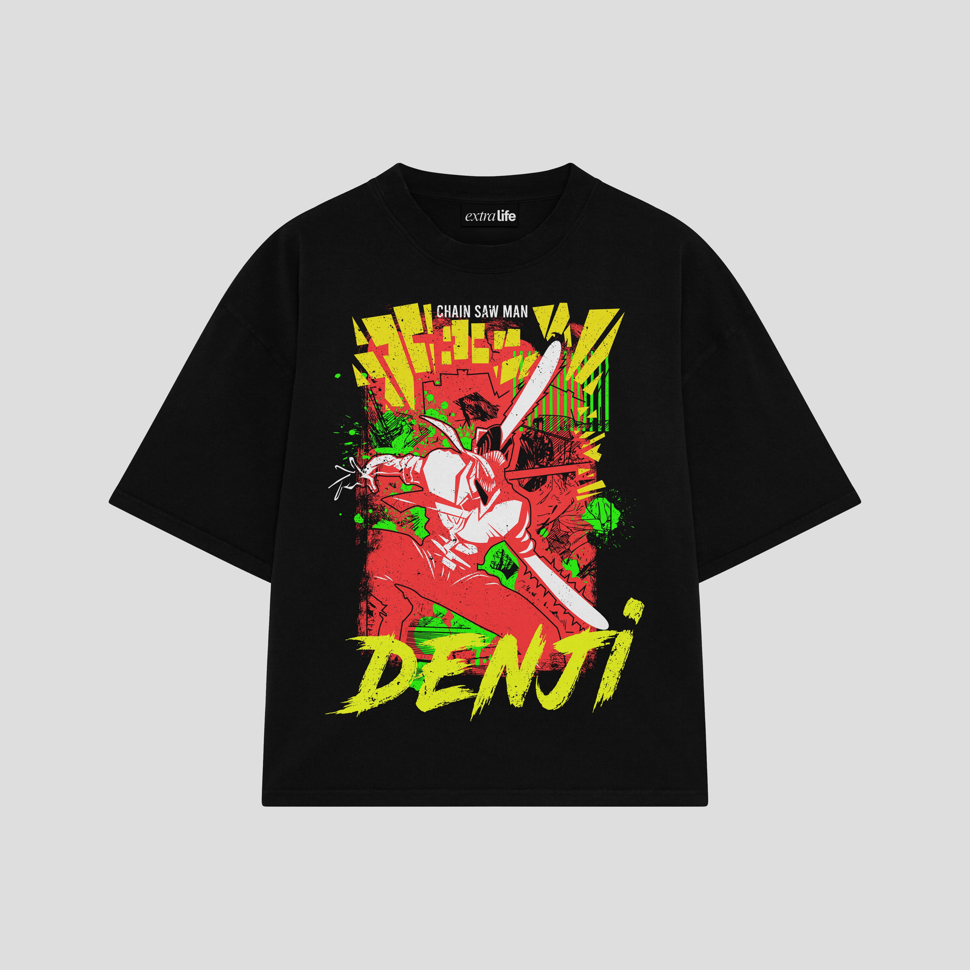 Playera streetwear premium de anime y gaming ExtraLife MX, corte boxy oversized drop shoulder heavyweight en color Deep Black y Off-White, moda urbana mexicana de culto.