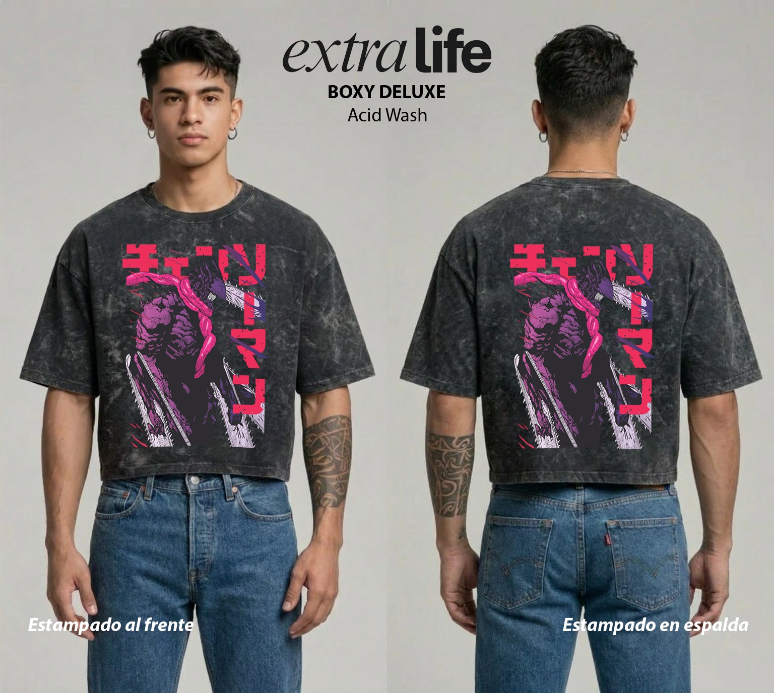 Playera streetwear premium de anime y gaming ExtraLife MX, corte boxy deluxe mineral wash heavyweight en color Acid Wash, moda urbana mexicana de culto.