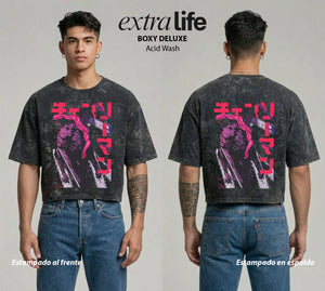 Playera streetwear premium de anime y gaming ExtraLife MX, corte boxy deluxe mineral wash heavyweight en color Acid Wash, moda urbana mexicana de culto.