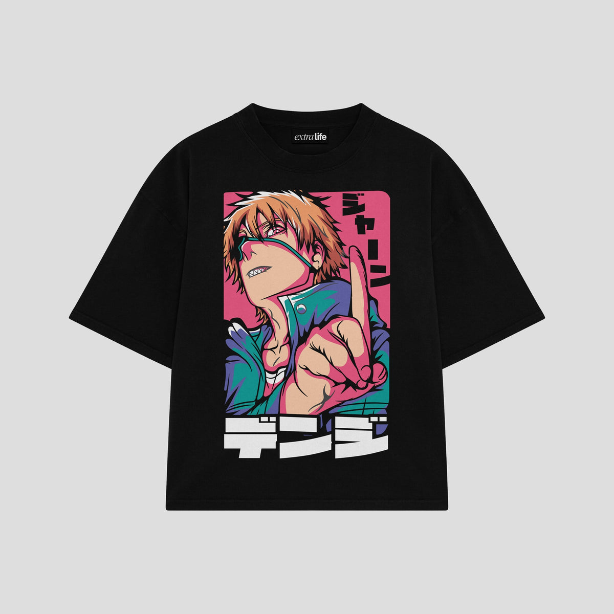 Playera streetwear premium de anime y gaming ExtraLife MX, corte oversized drop shoulder ligero y fresco en color Deep Black y Off-White, moda urbana mexicana de culto.