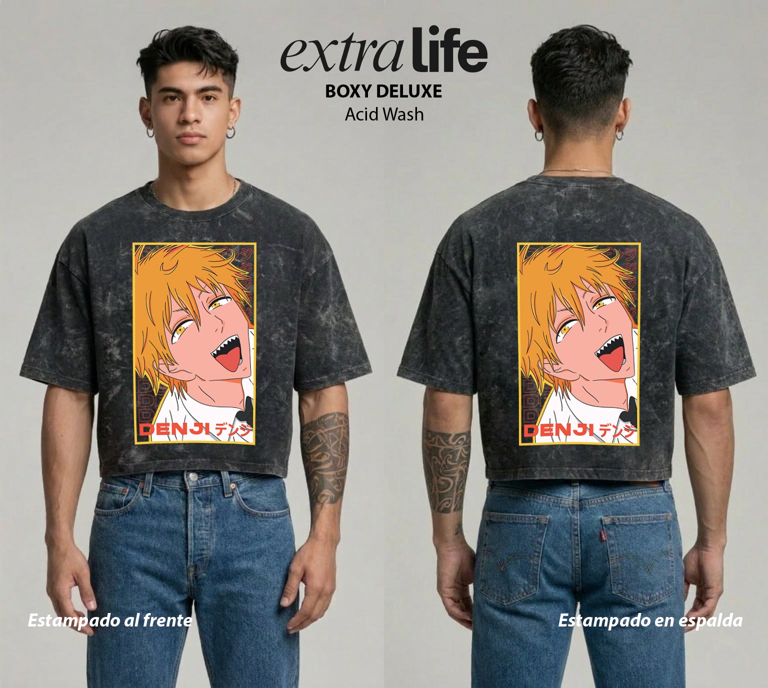 Playera streetwear premium de anime y gaming ExtraLife MX, corte boxy deluxe mineral wash heavyweight en color Acid Wash, moda urbana mexicana de culto.