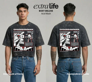 Playera streetwear premium de anime y gaming ExtraLife MX, corte boxy deluxe mineral wash heavyweight en color Acid Wash, moda urbana mexicana de culto.