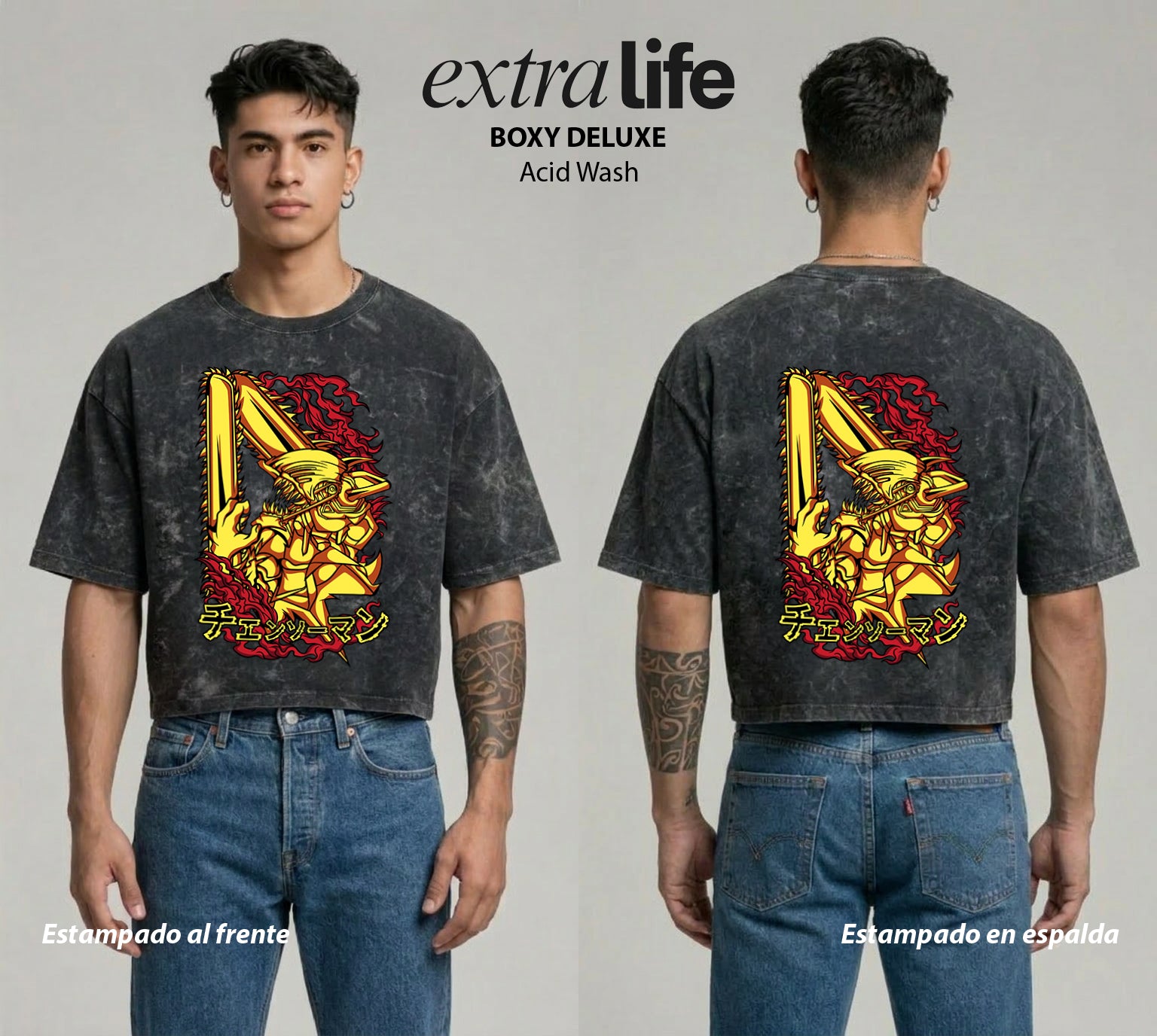 Playera streetwear premium de anime y gaming ExtraLife MX, corte boxy deluxe mineral wash heavyweight en color Acid Wash, moda urbana mexicana de culto.