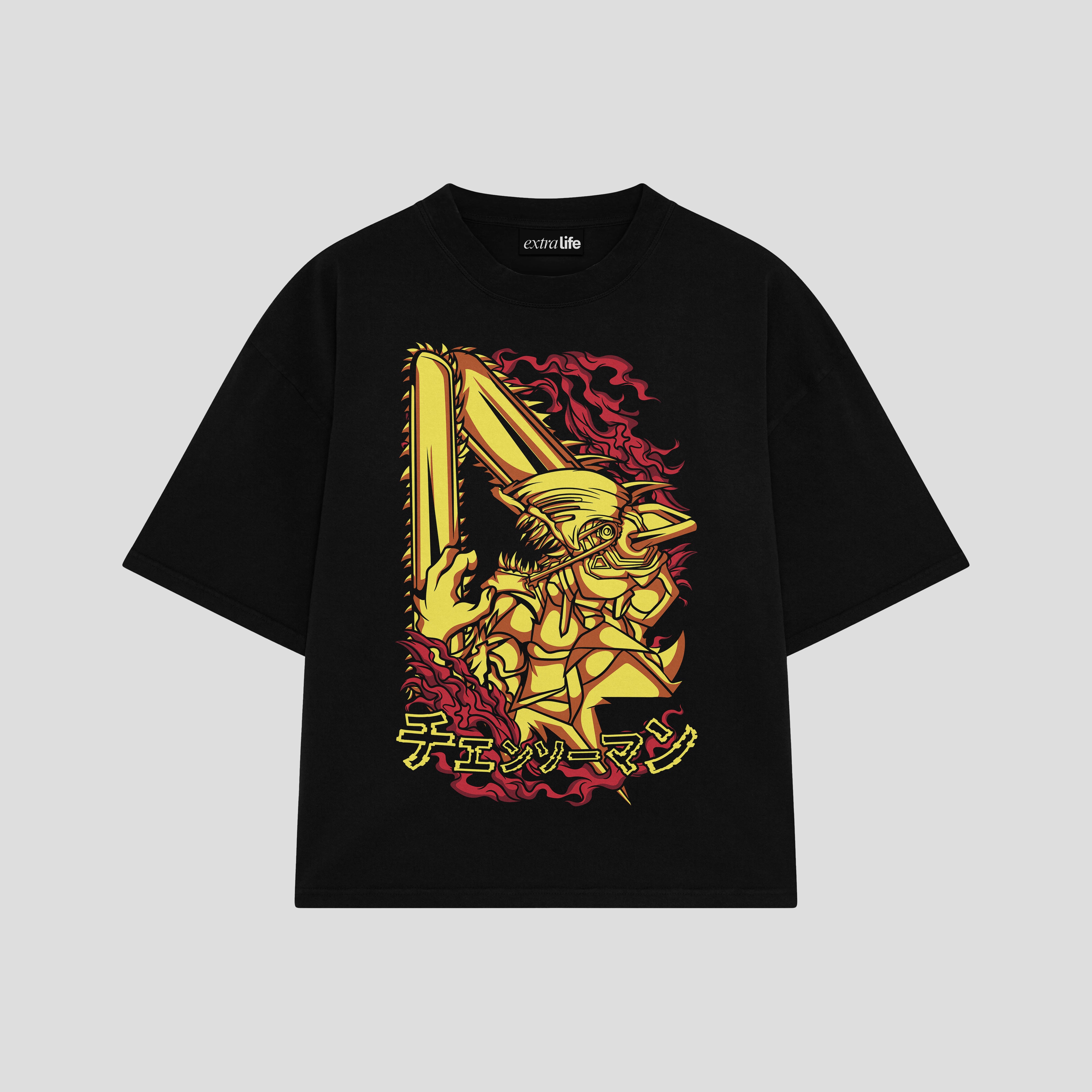 Playera streetwear premium de anime y gaming ExtraLife MX, corte boxy oversized drop shoulder heavyweight en color Deep Black y Off-White, moda urbana mexicana de culto.