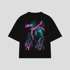 Playera streetwear premium de anime y gaming ExtraLife MX, corte boxy oversized drop shoulder heavyweight en color Deep Black y Off-White, moda urbana mexicana de culto.