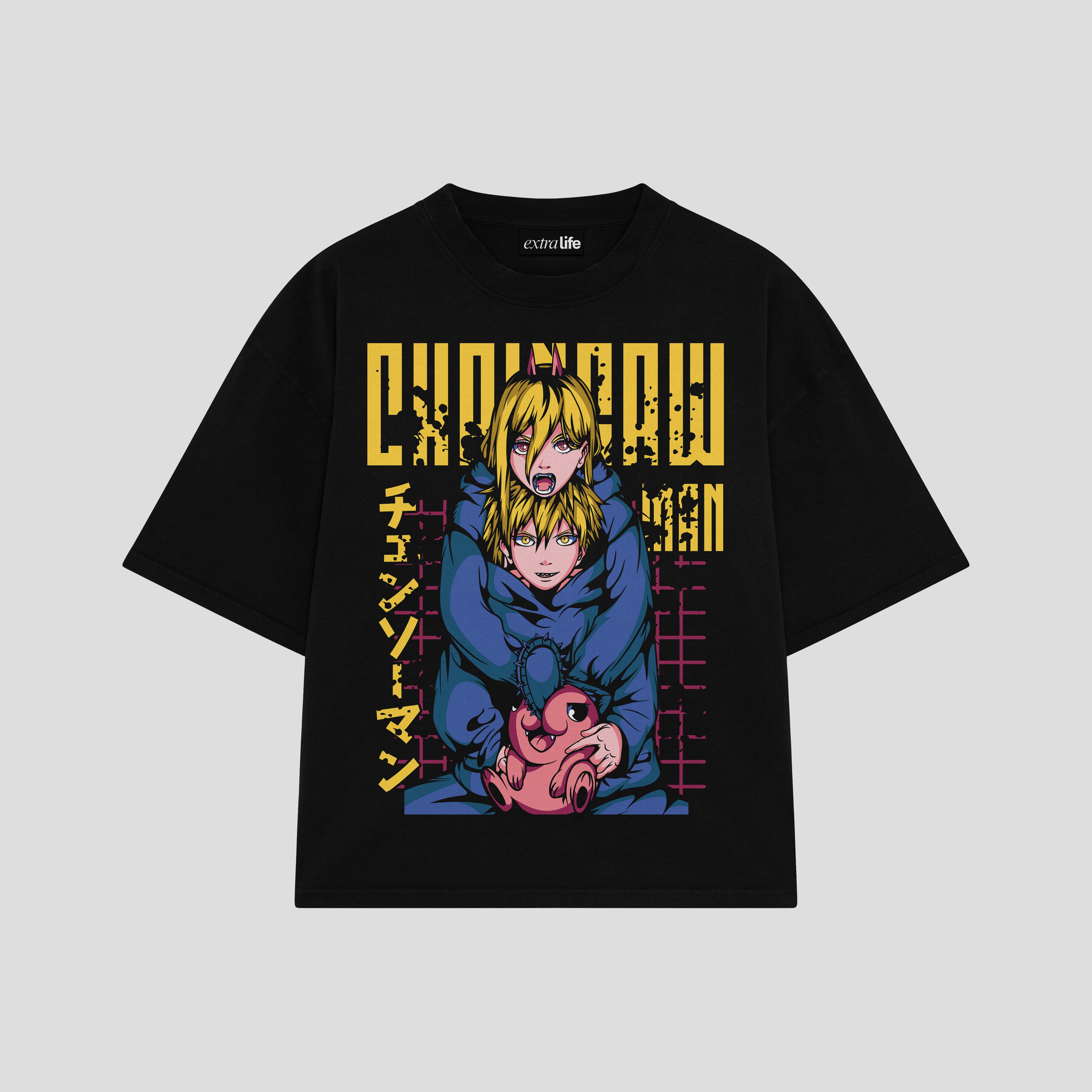 Playera streetwear premium de anime y gaming ExtraLife MX, corte boxy oversized drop shoulder heavyweight en color Deep Black y Off-White, moda urbana mexicana de culto.