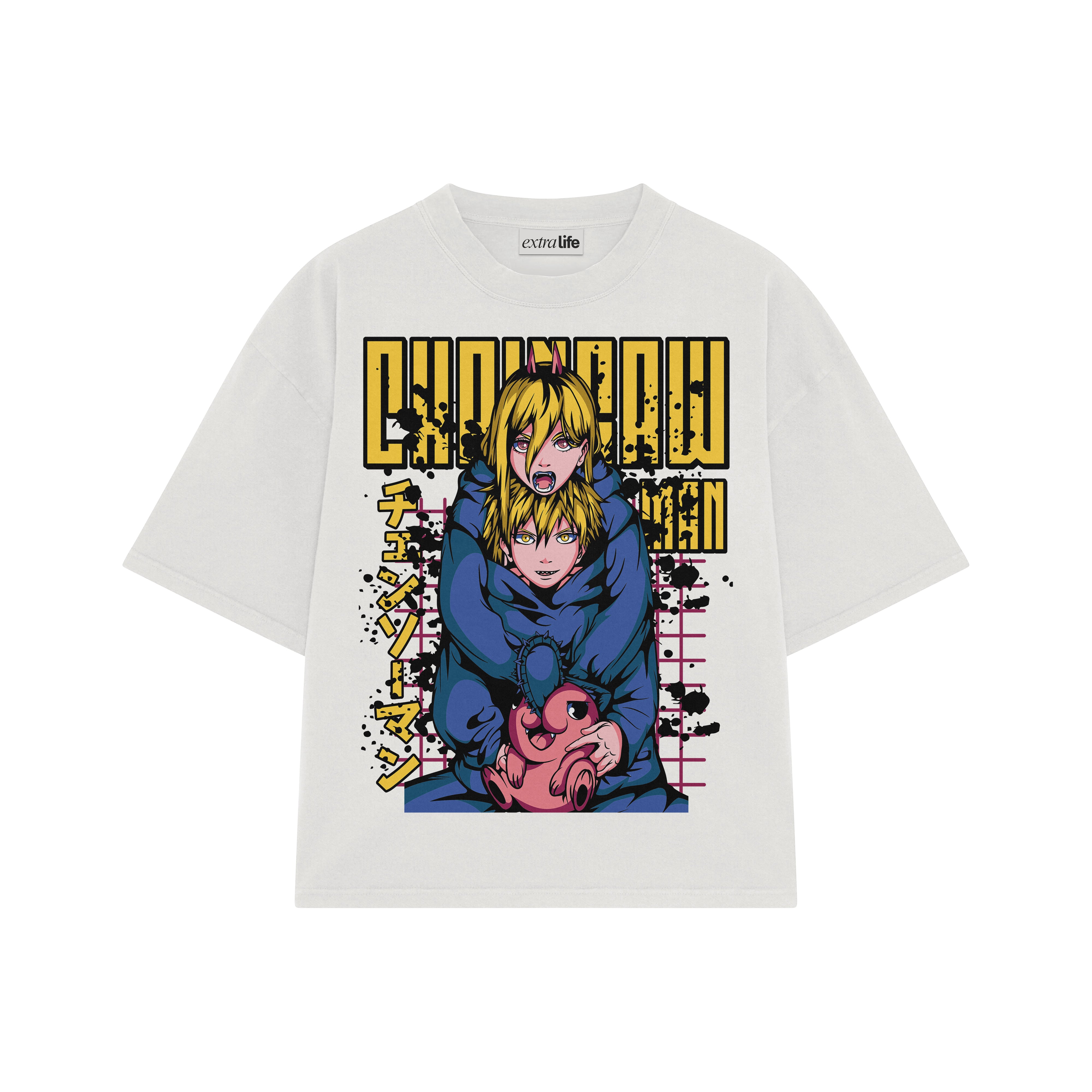 Playera streetwear premium de anime y gaming ExtraLife MX, corte boxy oversized drop shoulder heavyweight en color Deep Black y Off-White, moda urbana mexicana de culto.