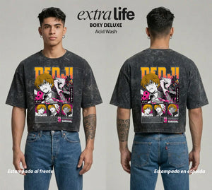 Playera streetwear premium de anime y gaming ExtraLife MX, corte boxy deluxe mineral wash heavyweight en color Acid Wash, moda urbana mexicana de culto.