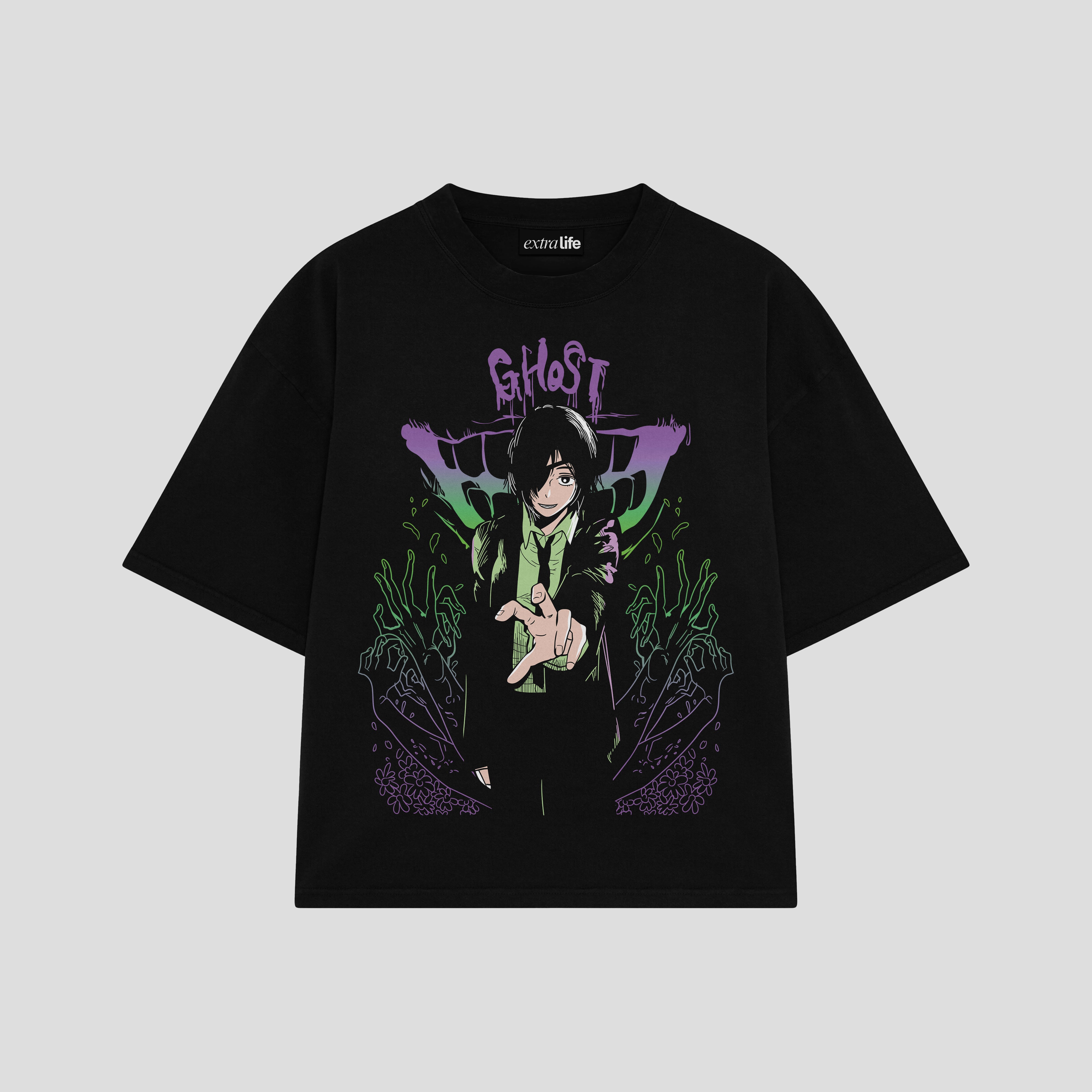 Playera streetwear premium de anime y gaming ExtraLife MX, corte boxy oversized drop shoulder heavyweight en color Deep Black y Off-White, moda urbana mexicana de culto.