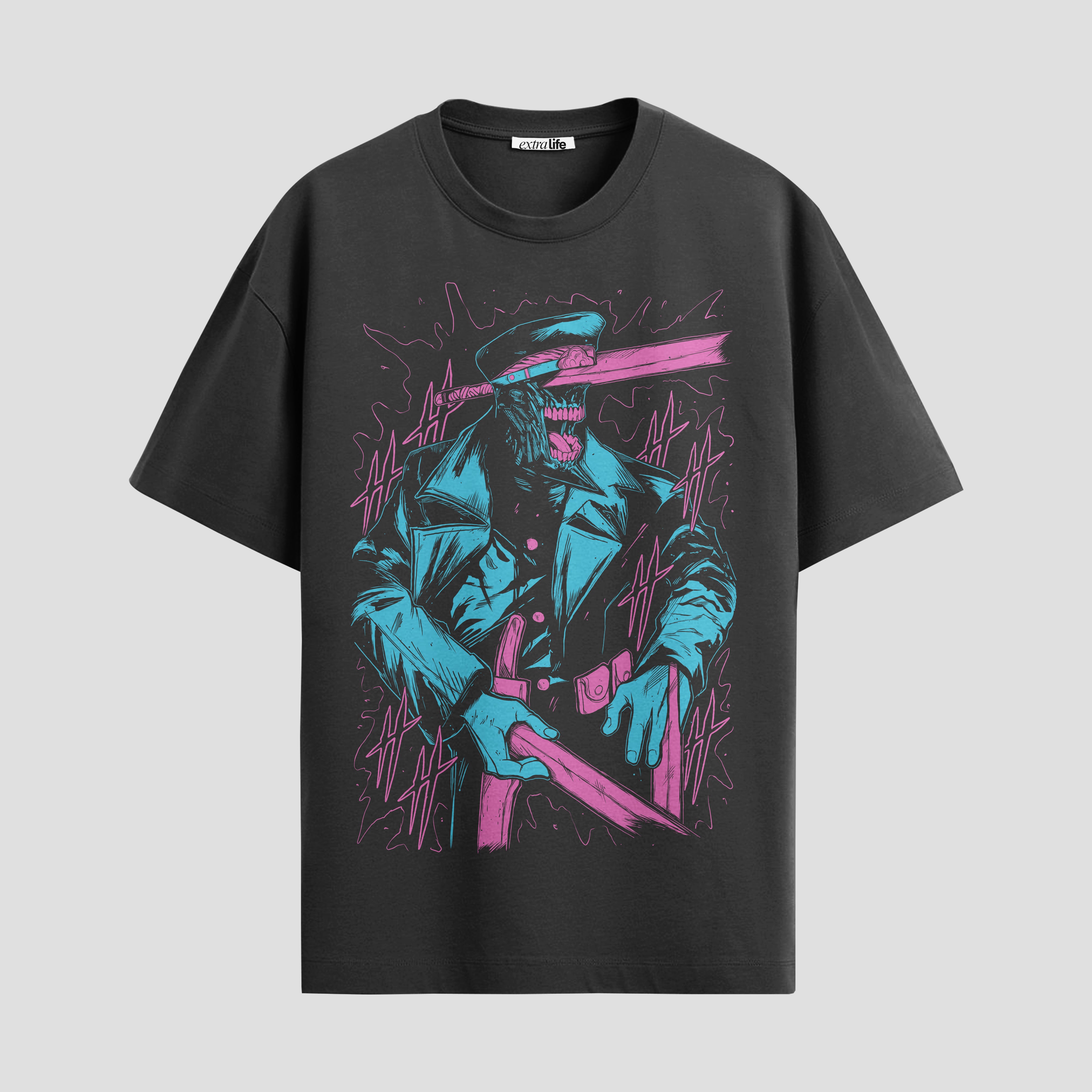 Playera urbana de anime y gaming ExtraLife MX, corte Standard Fit unisex ligero y transpirable en color Deep Black y Pure White, ropa de uso diario para gym y casual.