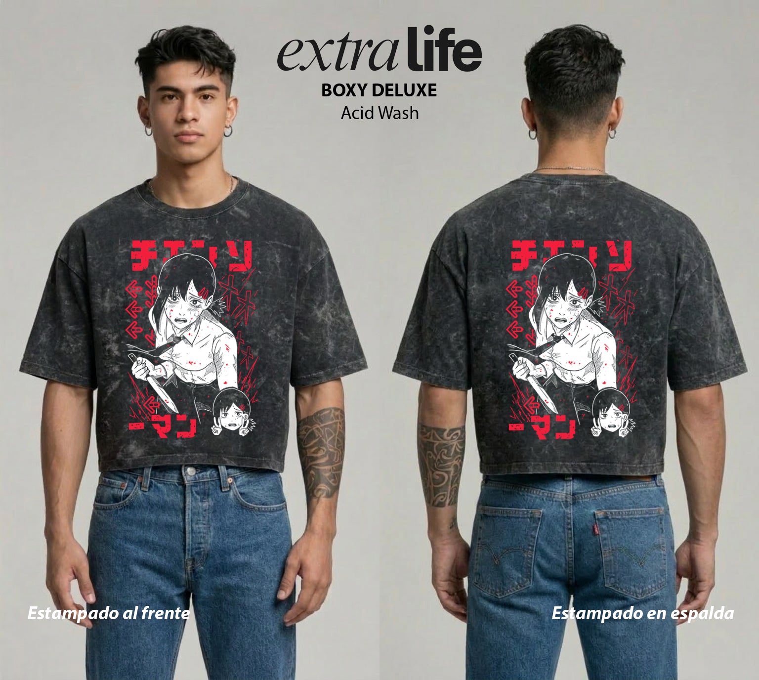 Playera streetwear premium de anime y gaming ExtraLife MX, corte boxy deluxe mineral wash heavyweight en color Acid Wash, moda urbana mexicana de culto.