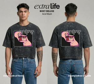 Playera streetwear premium de anime y gaming ExtraLife MX, corte boxy deluxe mineral wash heavyweight en color Acid Wash, moda urbana mexicana de culto.