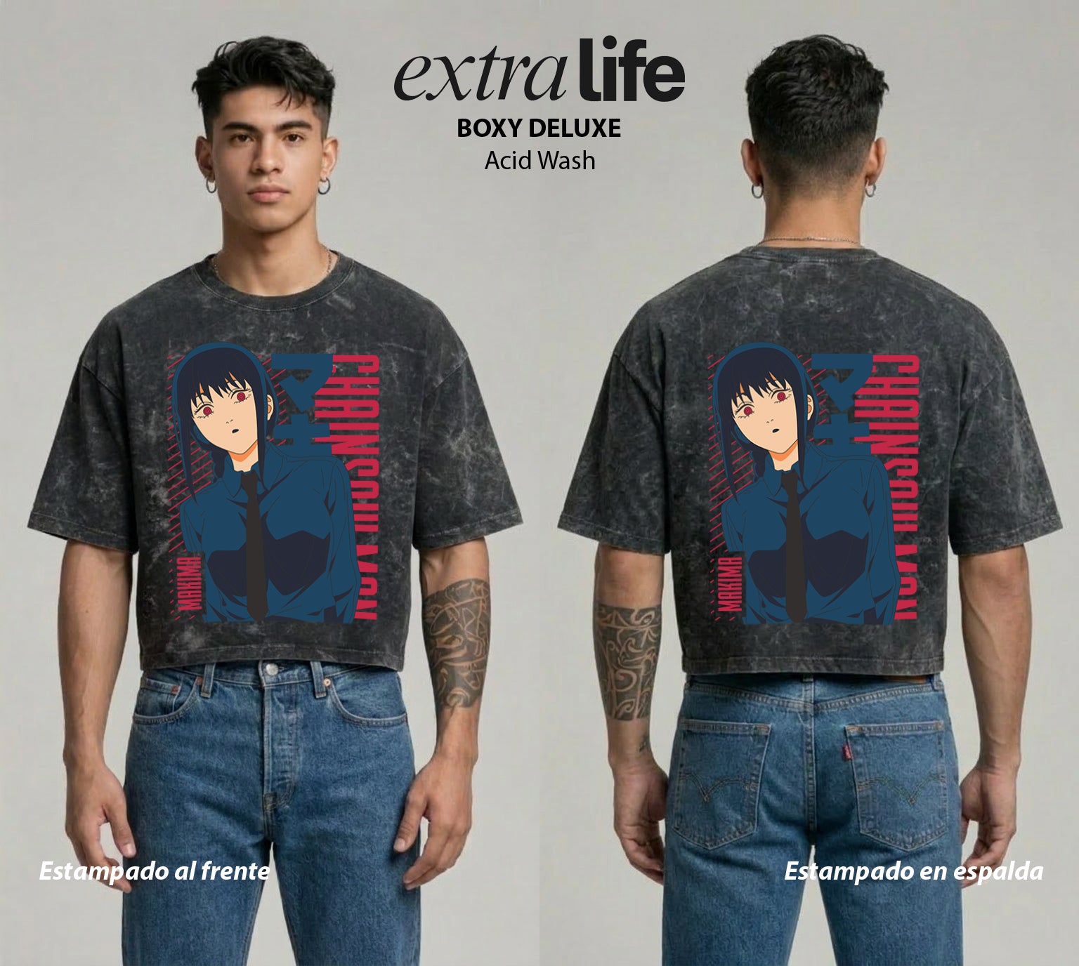 Playera streetwear premium de anime y gaming ExtraLife MX, corte boxy deluxe mineral wash heavyweight en color Acid Wash, moda urbana mexicana de culto.