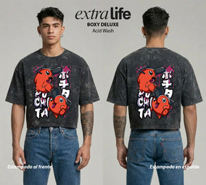 Playera streetwear premium de anime y gaming ExtraLife MX, corte boxy deluxe mineral wash heavyweight en color Acid Wash, moda urbana mexicana de culto.