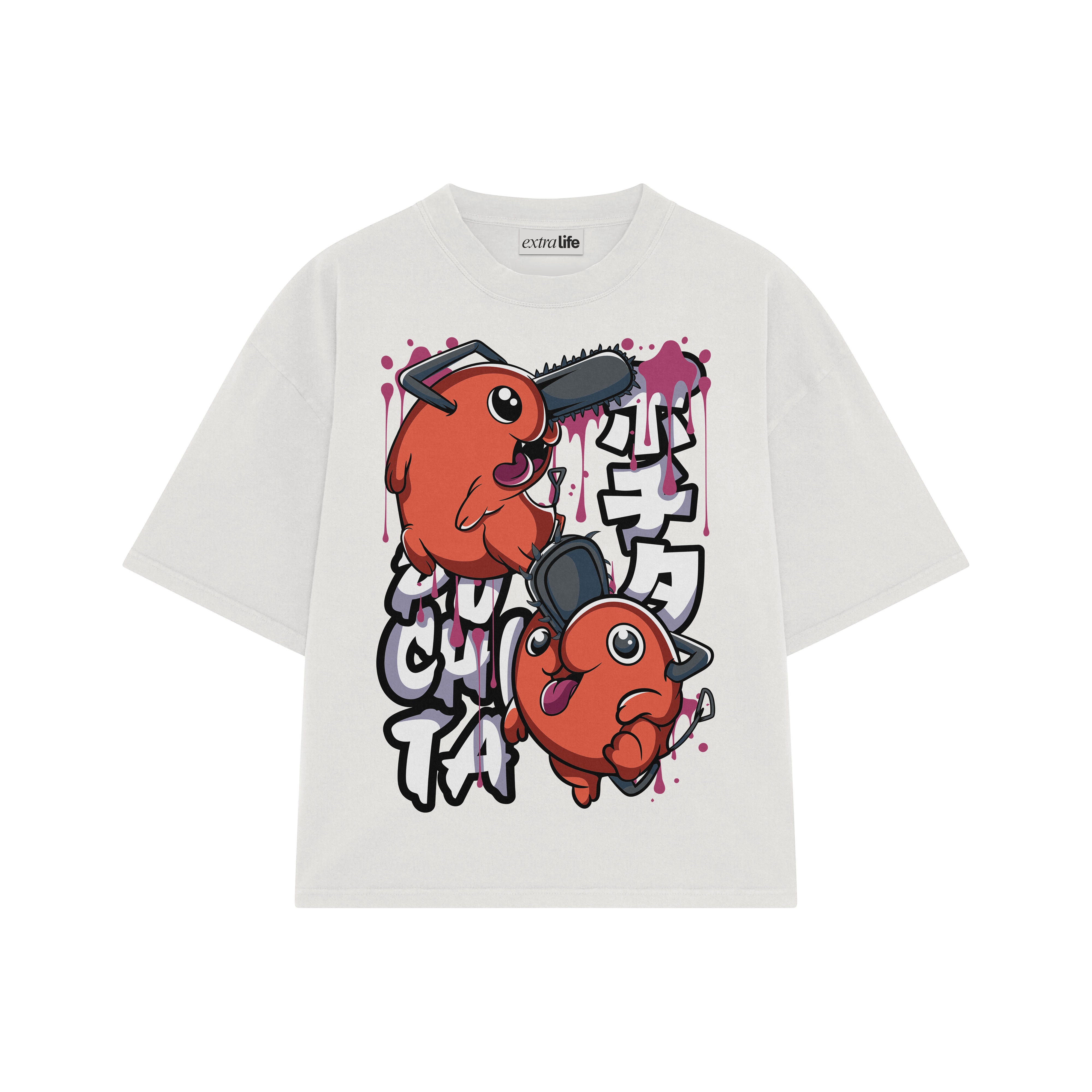 Playera streetwear premium de anime y gaming ExtraLife MX, corte boxy oversized drop shoulder heavyweight en color Deep Black y Off-White, moda urbana mexicana de culto.