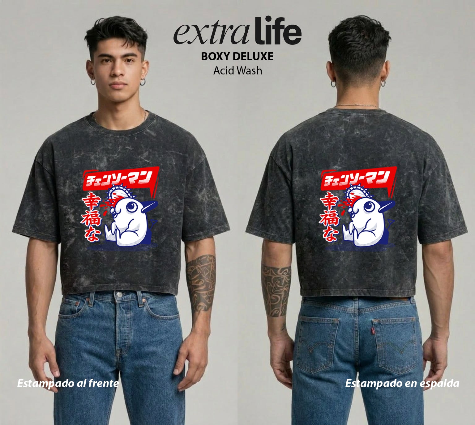 Playera streetwear premium de anime y gaming ExtraLife MX, corte boxy deluxe mineral wash heavyweight en color Acid Wash, moda urbana mexicana de culto.