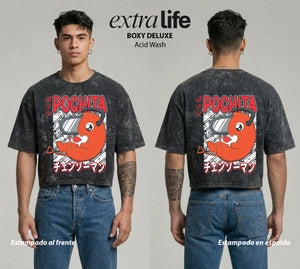 Playera streetwear premium de anime y gaming ExtraLife MX, corte boxy deluxe mineral wash heavyweight en color Acid Wash, moda urbana mexicana de culto.