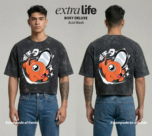 Playera streetwear premium de anime y gaming ExtraLife MX, corte boxy deluxe mineral wash heavyweight en color Acid Wash, moda urbana mexicana de culto.