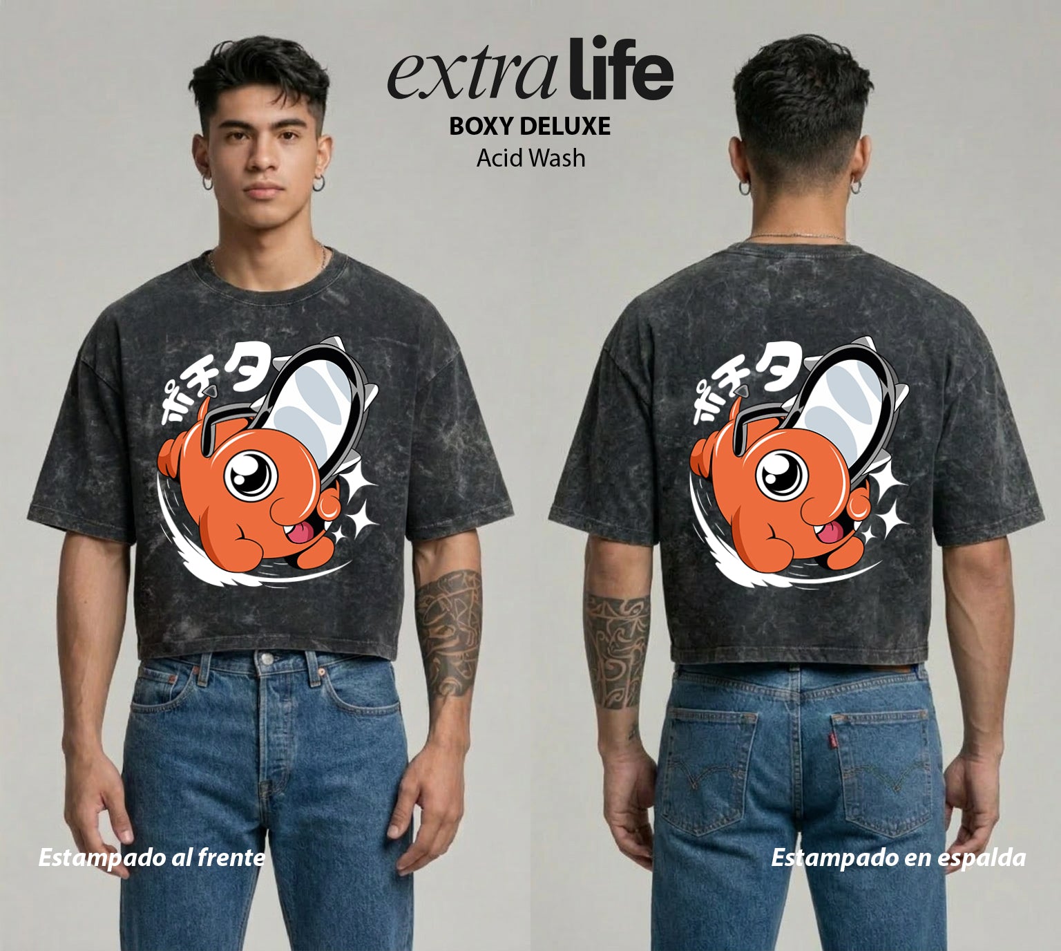 Playera streetwear premium de anime y gaming ExtraLife MX, corte boxy deluxe mineral wash heavyweight en color Acid Wash, moda urbana mexicana de culto.