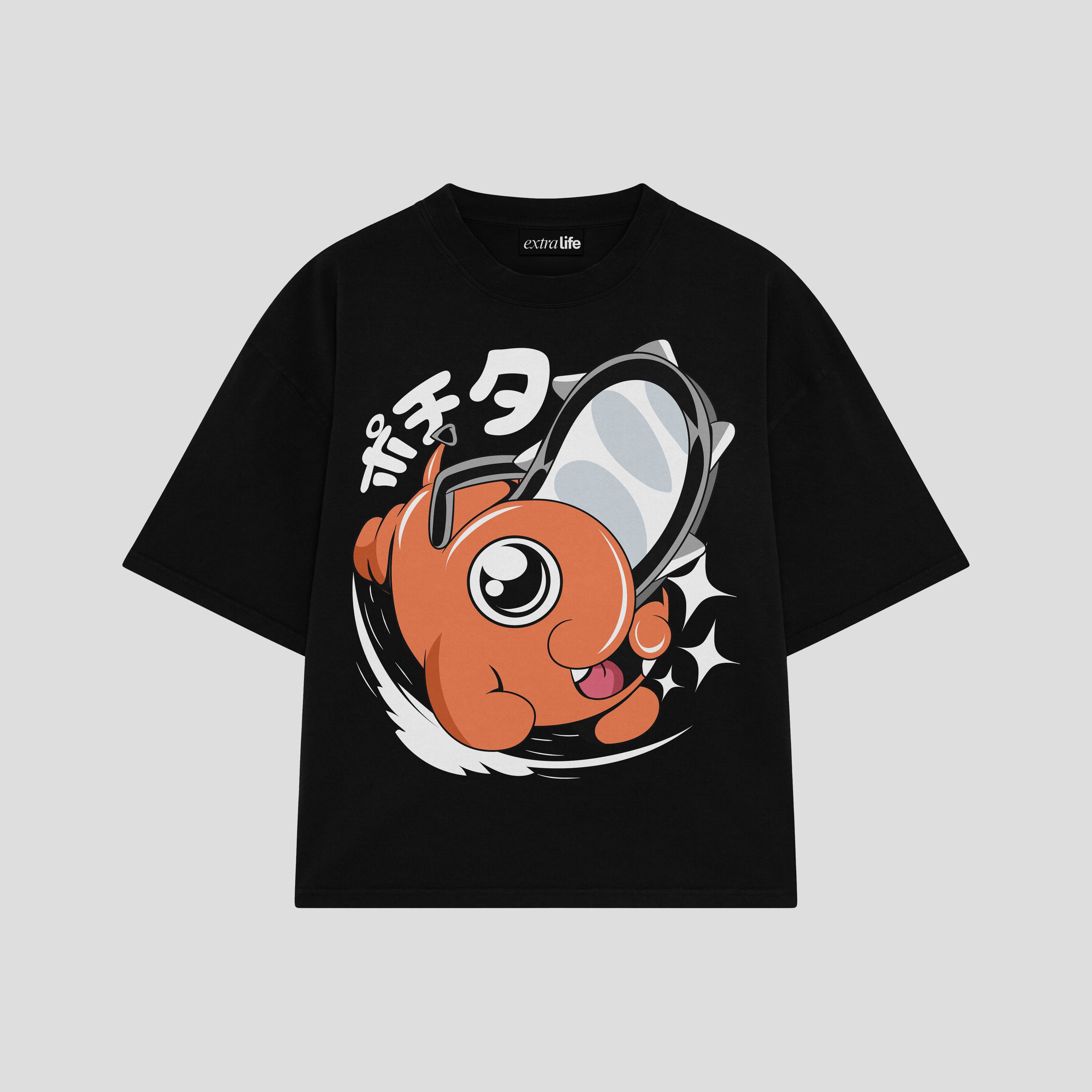 Playera streetwear premium de anime y gaming ExtraLife MX, corte boxy oversized drop shoulder heavyweight en color Deep Black y Off-White, moda urbana mexicana de culto.