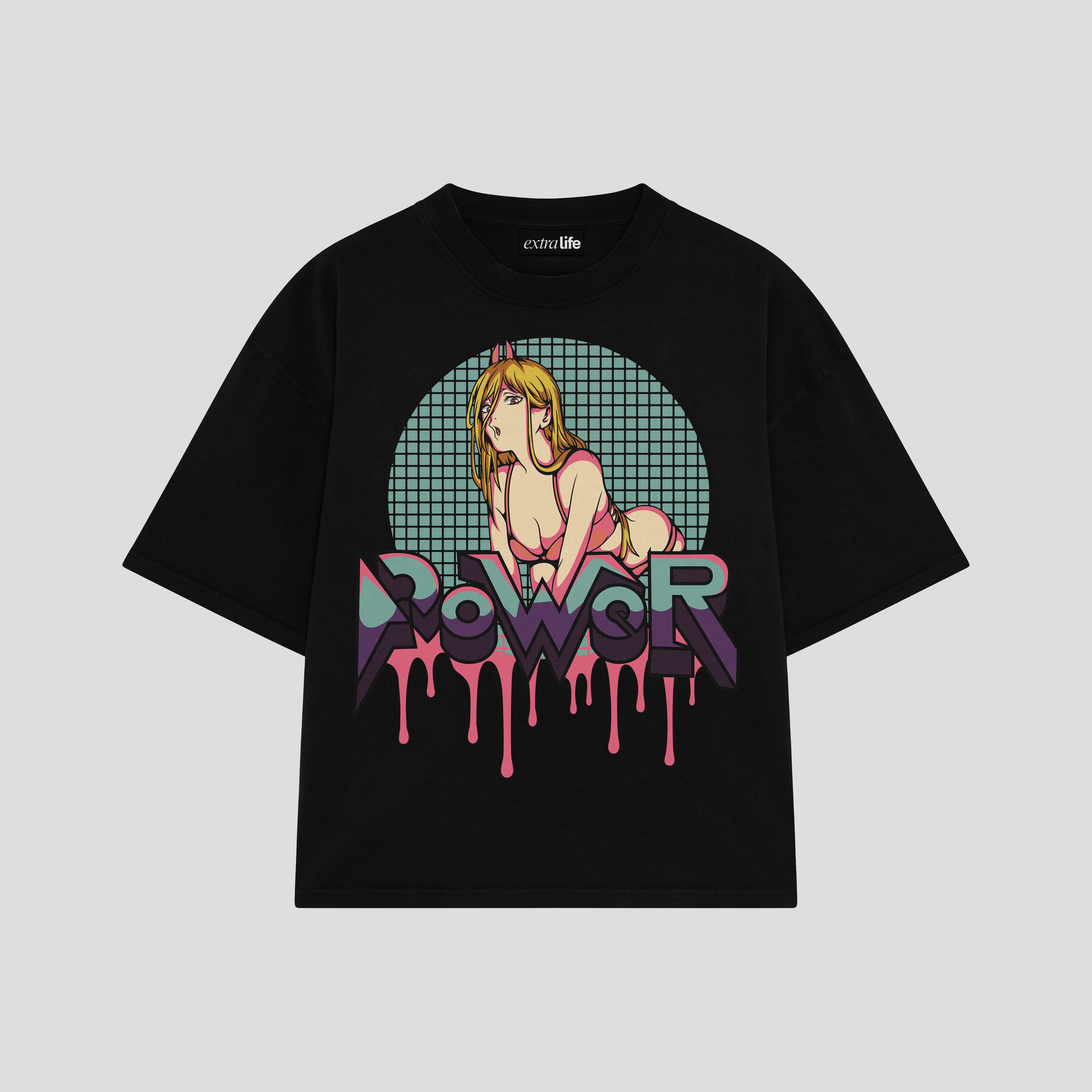 Playera streetwear premium de anime y gaming ExtraLife MX, corte boxy oversized drop shoulder heavyweight en color Deep Black y Off-White, moda urbana mexicana de culto.