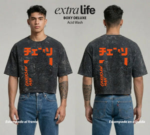 Playera streetwear premium de anime y gaming ExtraLife MX, corte boxy deluxe mineral wash heavyweight en color Acid Wash, moda urbana mexicana de culto.