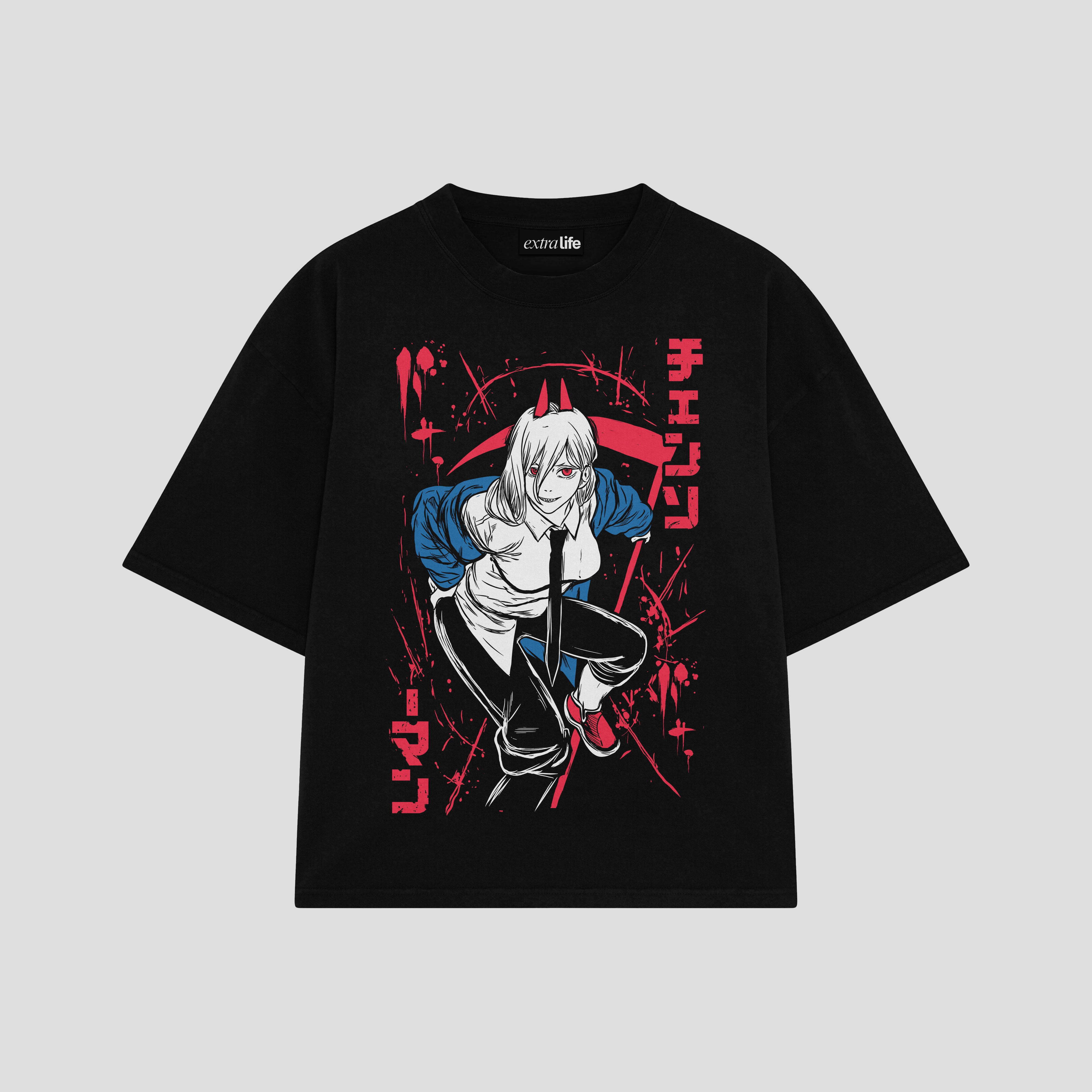 Playera streetwear premium de anime y gaming ExtraLife MX, corte boxy oversized drop shoulder heavyweight en color Deep Black y Off-White, moda urbana mexicana de culto.