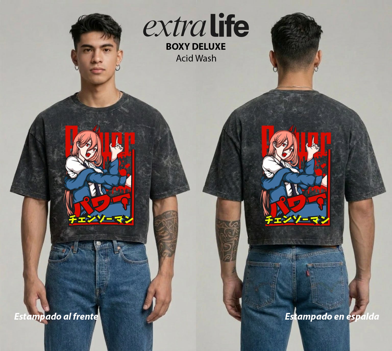 Playera streetwear premium de anime y gaming ExtraLife MX, corte boxy deluxe mineral wash heavyweight en color Acid Wash, moda urbana mexicana de culto.