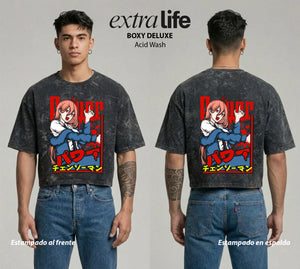 Playera streetwear premium de anime y gaming ExtraLife MX, corte boxy deluxe mineral wash heavyweight en color Acid Wash, moda urbana mexicana de culto.