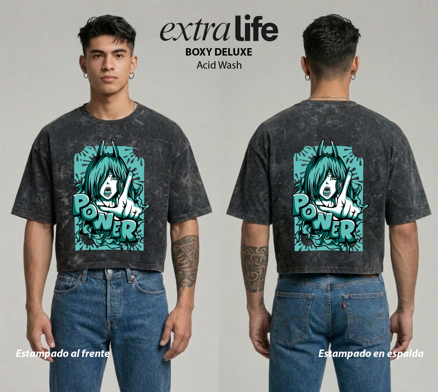 Playera streetwear premium de anime y gaming ExtraLife MX, corte boxy deluxe mineral wash heavyweight en color Acid Wash, moda urbana mexicana de culto.