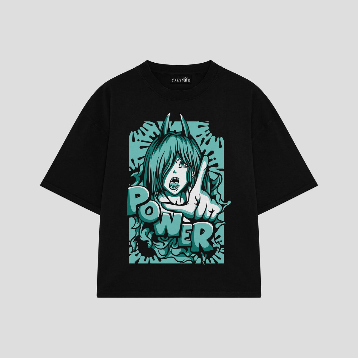 Playera streetwear premium de anime y gaming ExtraLife MX, corte oversized drop shoulder ligero y fresco en color Deep Black y Off-White, moda urbana mexicana de culto.
