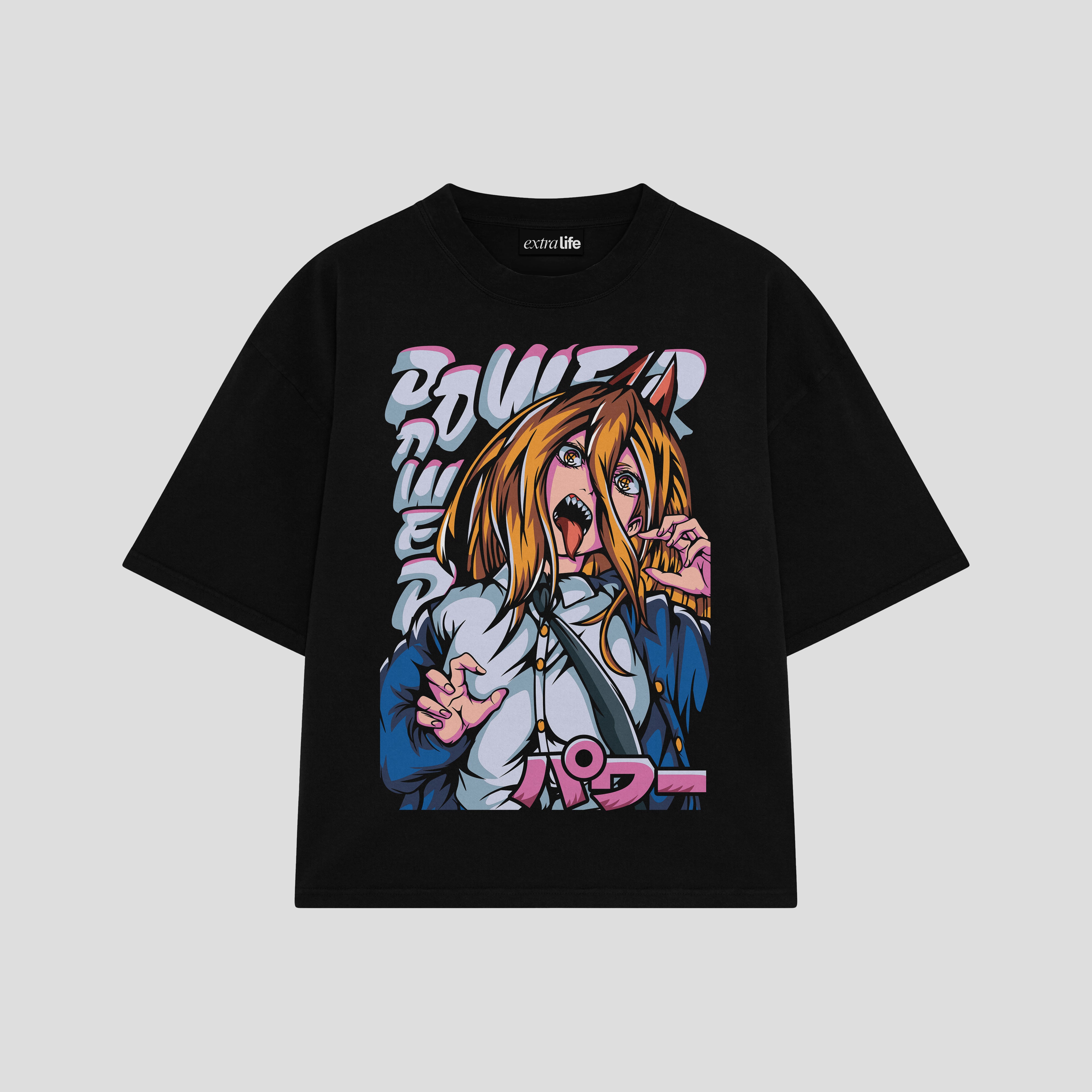 Playera streetwear premium de anime y gaming ExtraLife MX, corte boxy oversized drop shoulder heavyweight en color Deep Black y Off-White, moda urbana mexicana de culto.