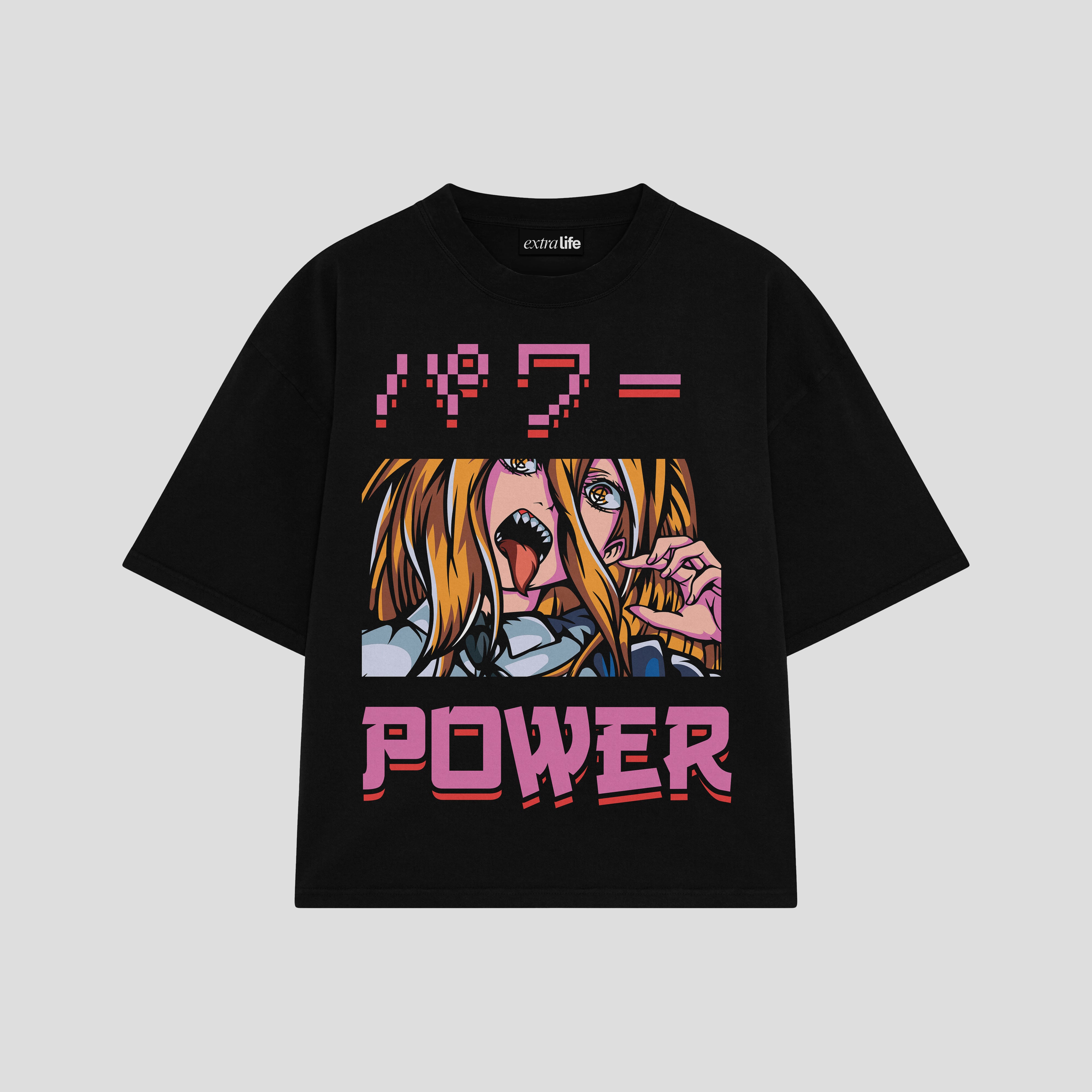 Playera streetwear premium de anime y gaming ExtraLife MX, corte boxy oversized drop shoulder heavyweight en color Deep Black y Off-White, moda urbana mexicana de culto.