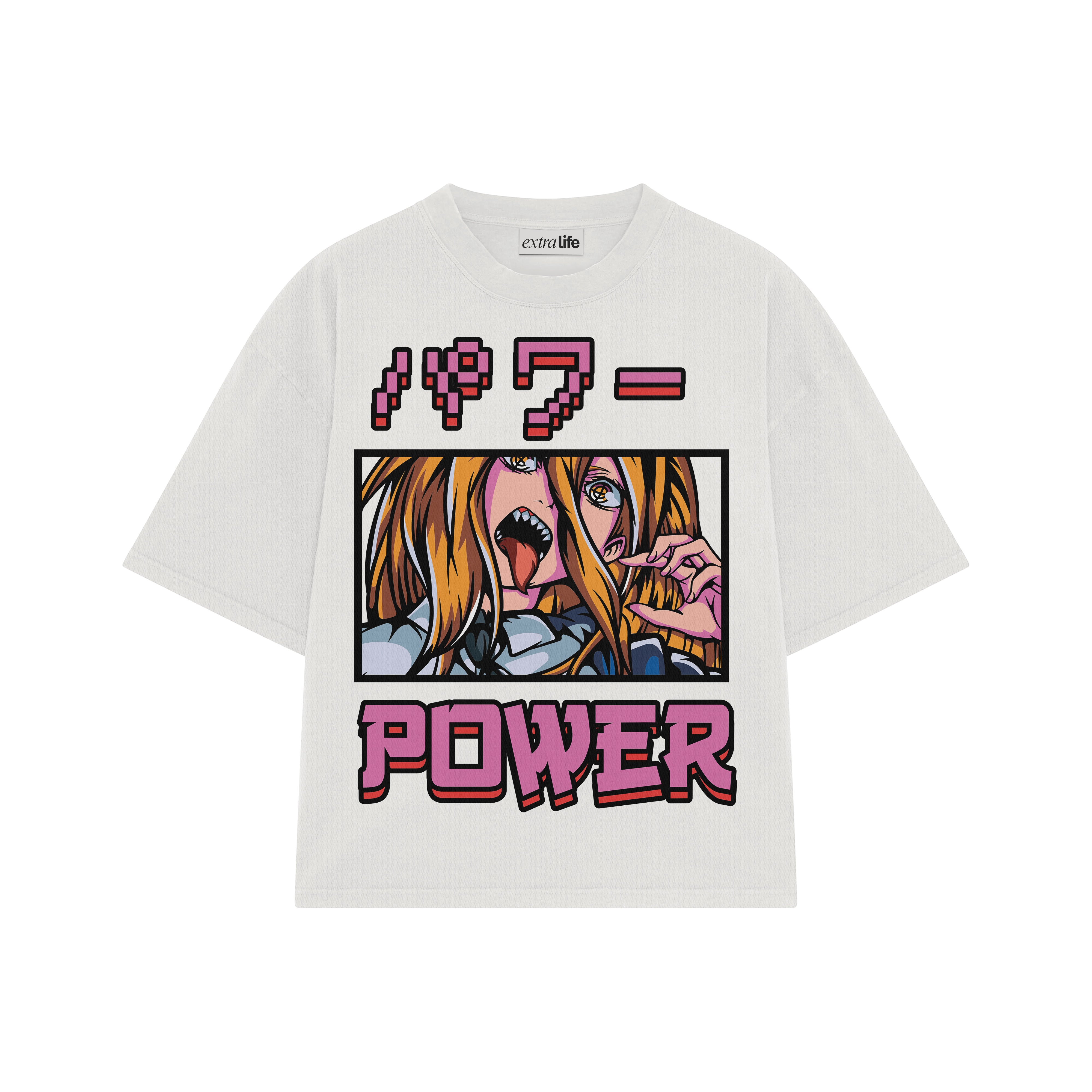 Playera streetwear premium de anime y gaming ExtraLife MX, corte boxy oversized drop shoulder heavyweight en color Deep Black y Off-White, moda urbana mexicana de culto.