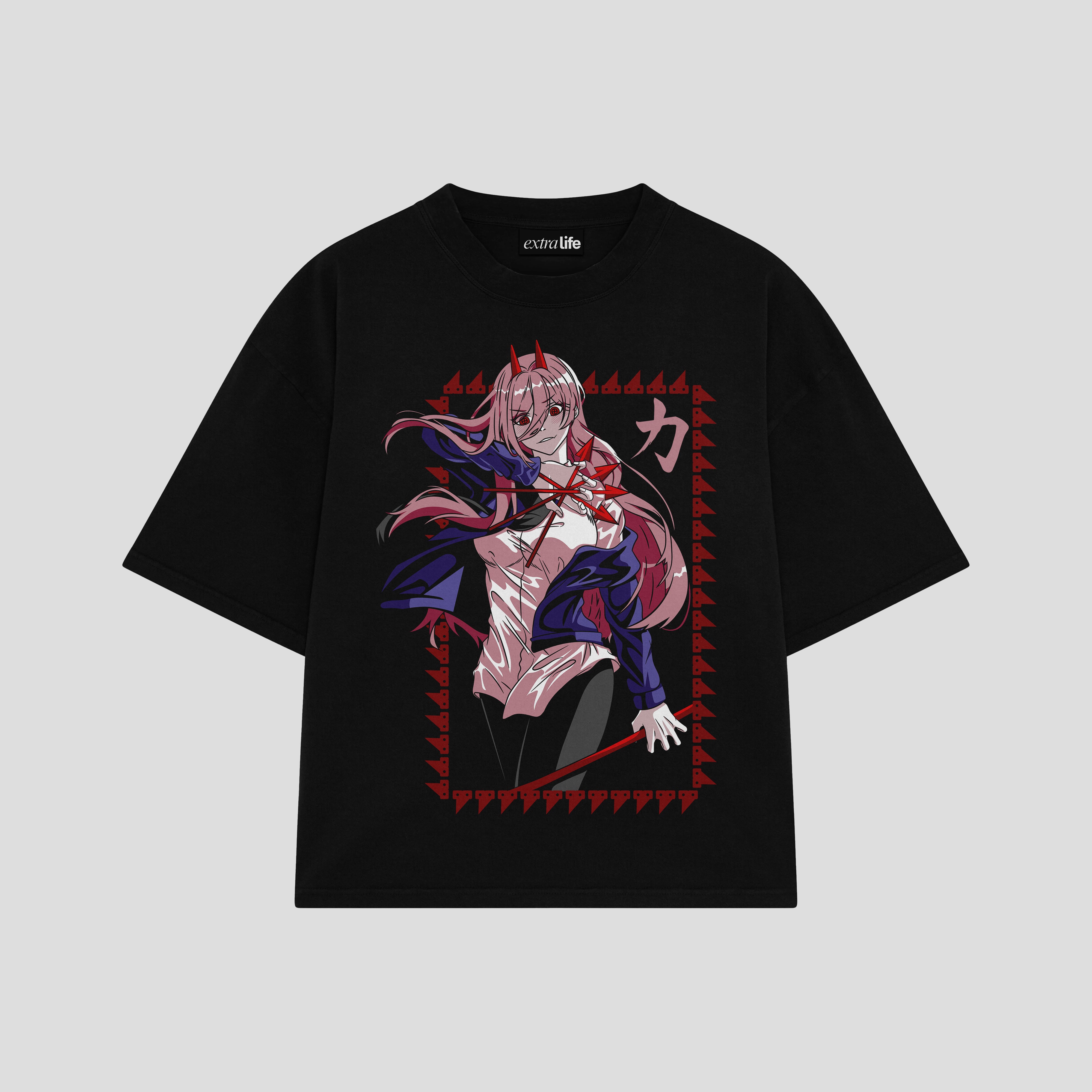 Playera streetwear premium de anime y gaming ExtraLife MX, corte boxy oversized drop shoulder heavyweight en color Deep Black y Off-White, moda urbana mexicana de culto.